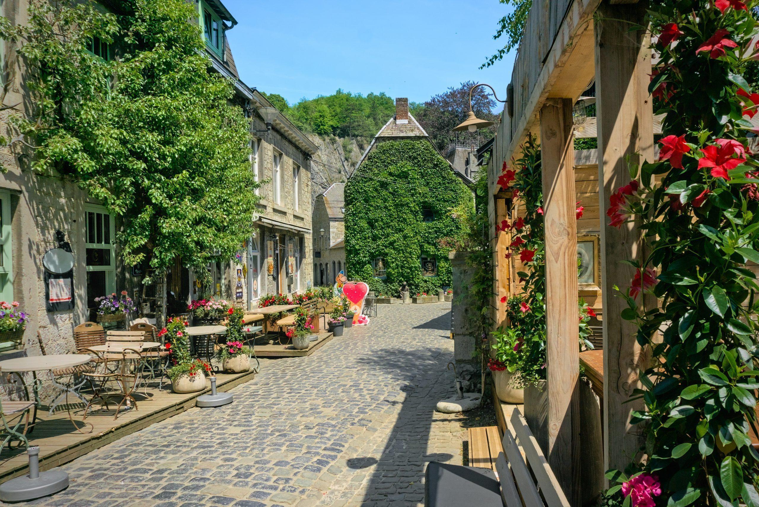 A narrow cobblestone street in Durbuy, the smallest city in Belg